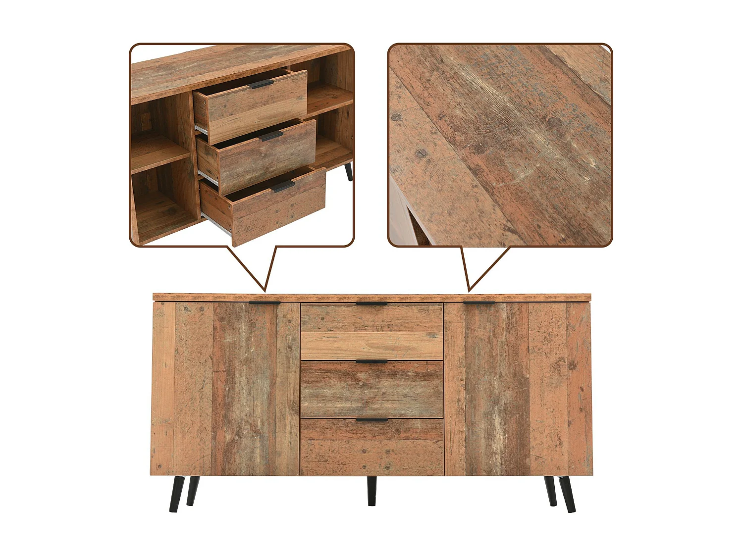 Niedriges Sideboard – 2 Türen und 3 Schubladen – verstellbare Einlegeböden – Braun