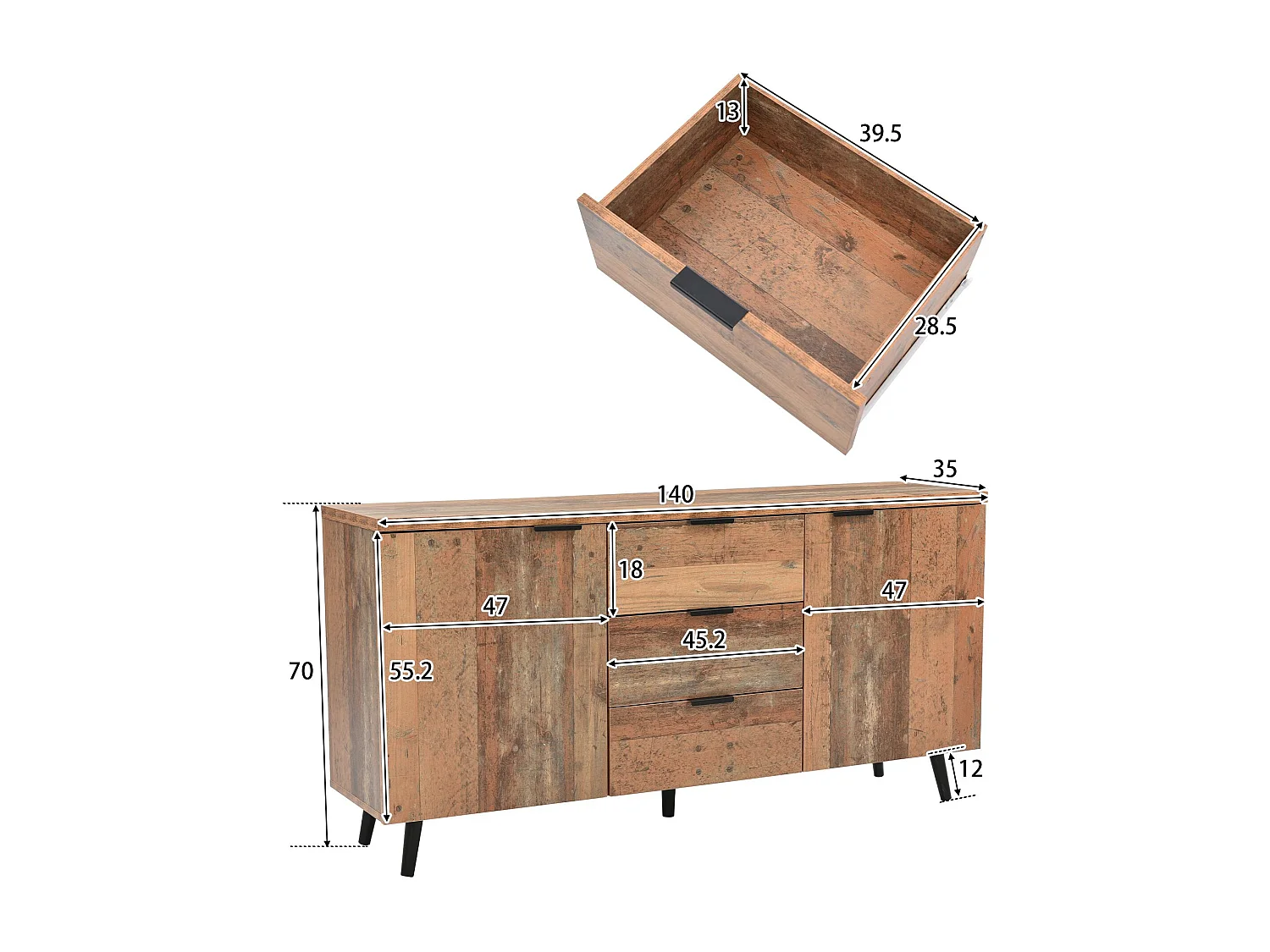 Credenza bassa - 2 ante e 3 cassetti - ripiani regolabili - Marrone