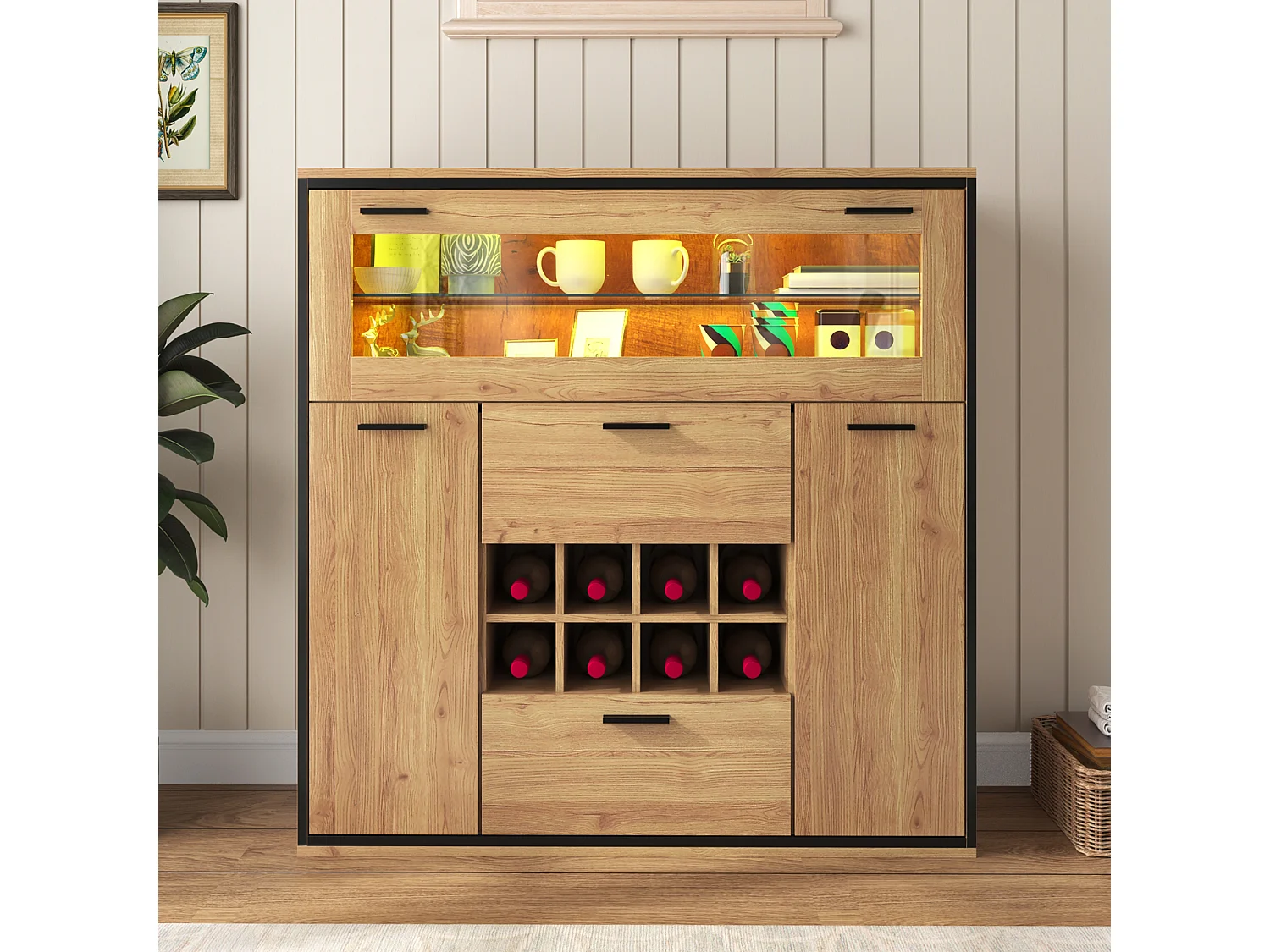 Buffet、Casier à vin avec LED - 2 portes & 2 tiroirs & clayettes en verre - Naturel