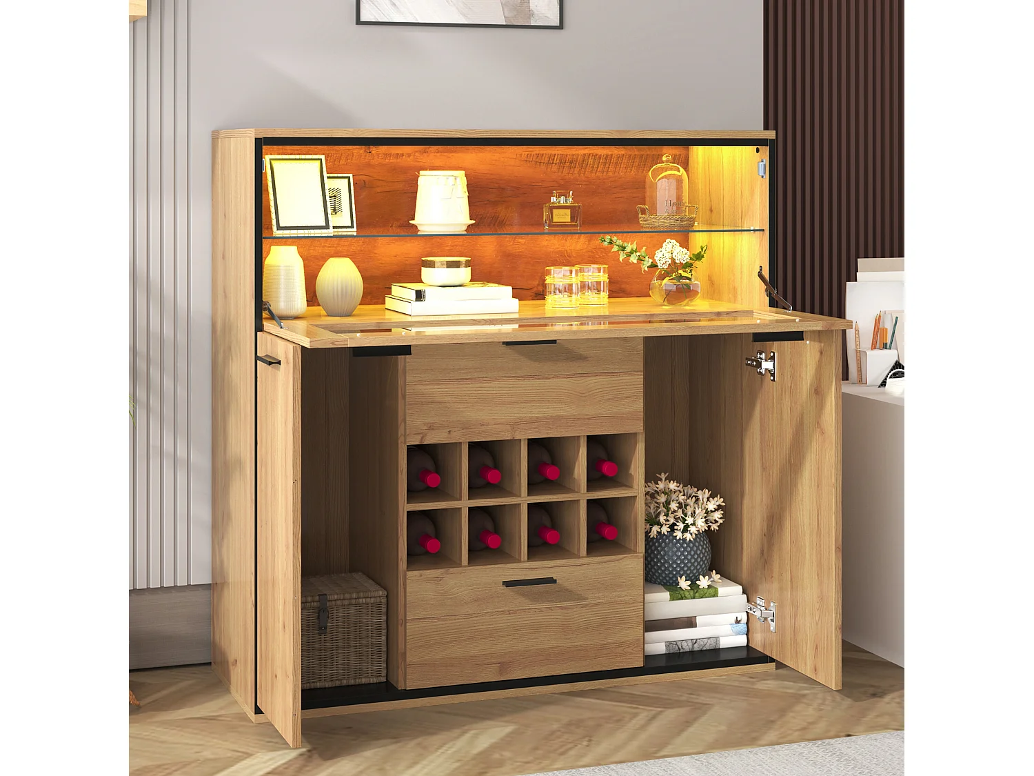 Buffet、Casier à vin avec LED - 2 portes & 2 tiroirs & clayettes en verre - Naturel