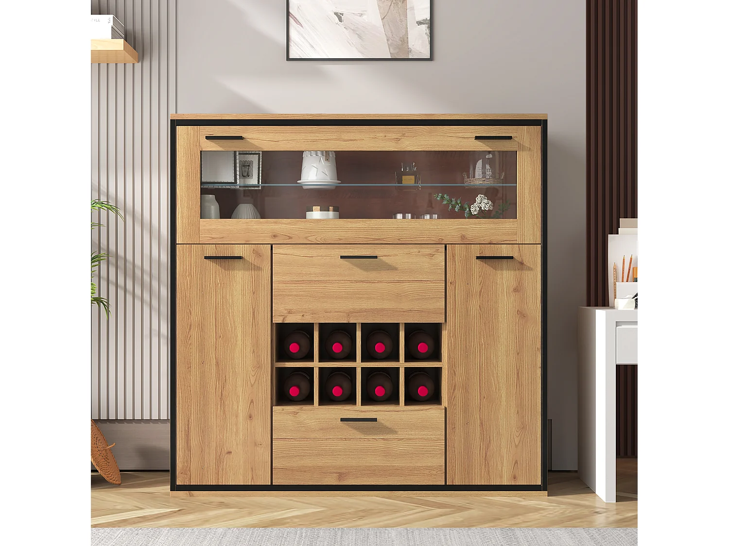 Buffet、Casier à vin avec LED - 2 portes & 2 tiroirs & clayettes en verre - Naturel