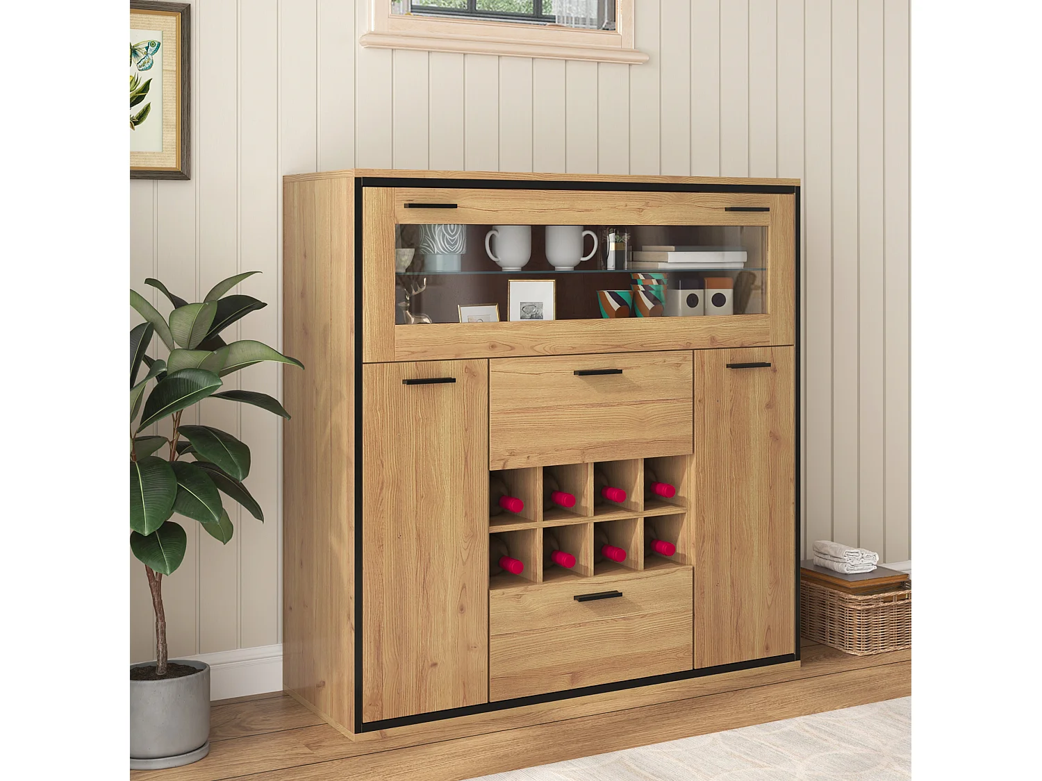 Buffet、Casier à vin avec LED - 2 portes & 2 tiroirs & clayettes en verre - Naturel