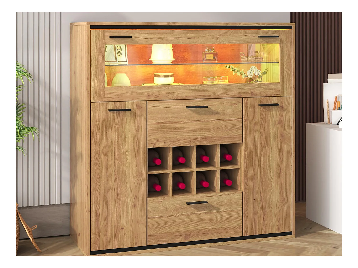 Dressoir、Wijnrek met LED - 2 deuren en 2 laden en glazen planken - Naturel