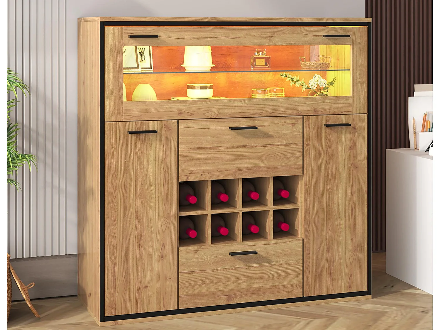 Sideboard、Weinregal mit LED – 2 Türen & 2 Schubladen & Glasböden – Natur