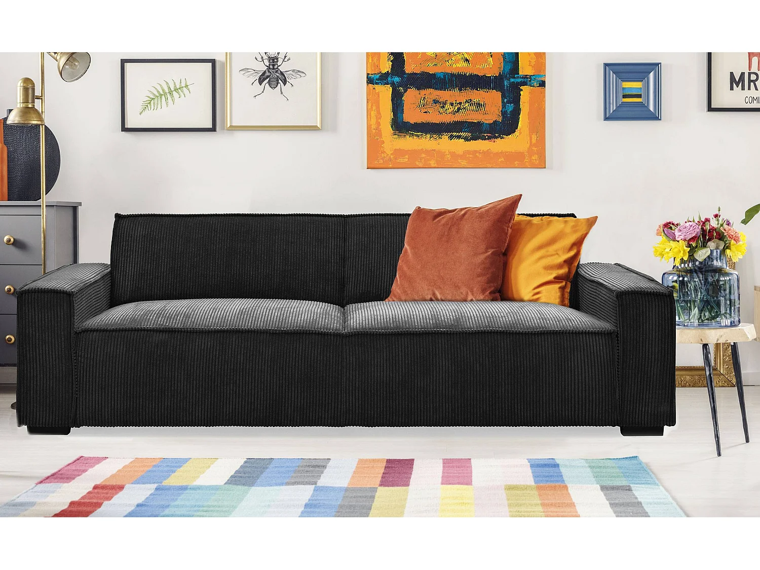 Canapé clic-clac 3 places Roger Velours côtelé Noir