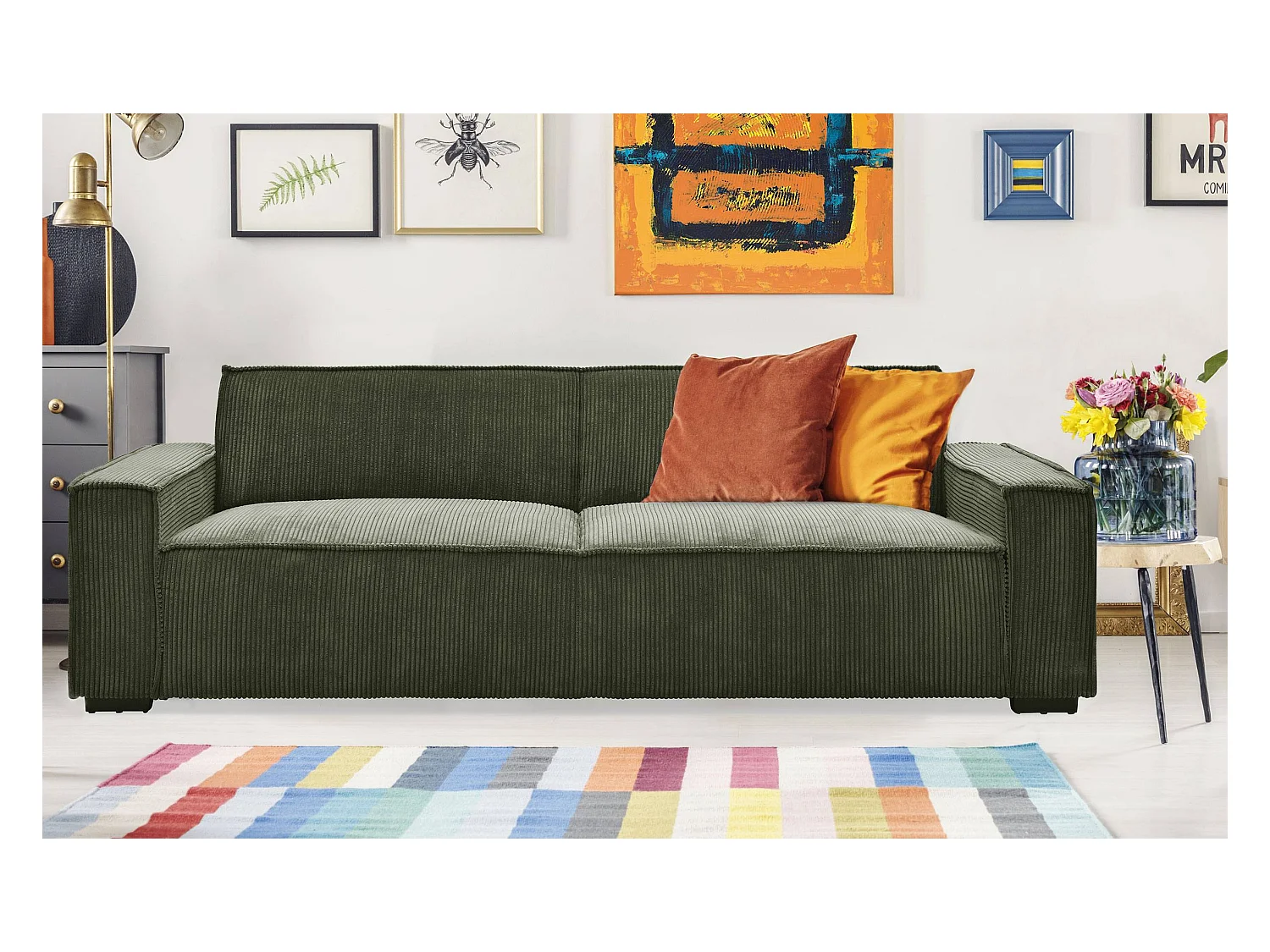 Divano-letto Roger 3 posti Verde velluto a coste