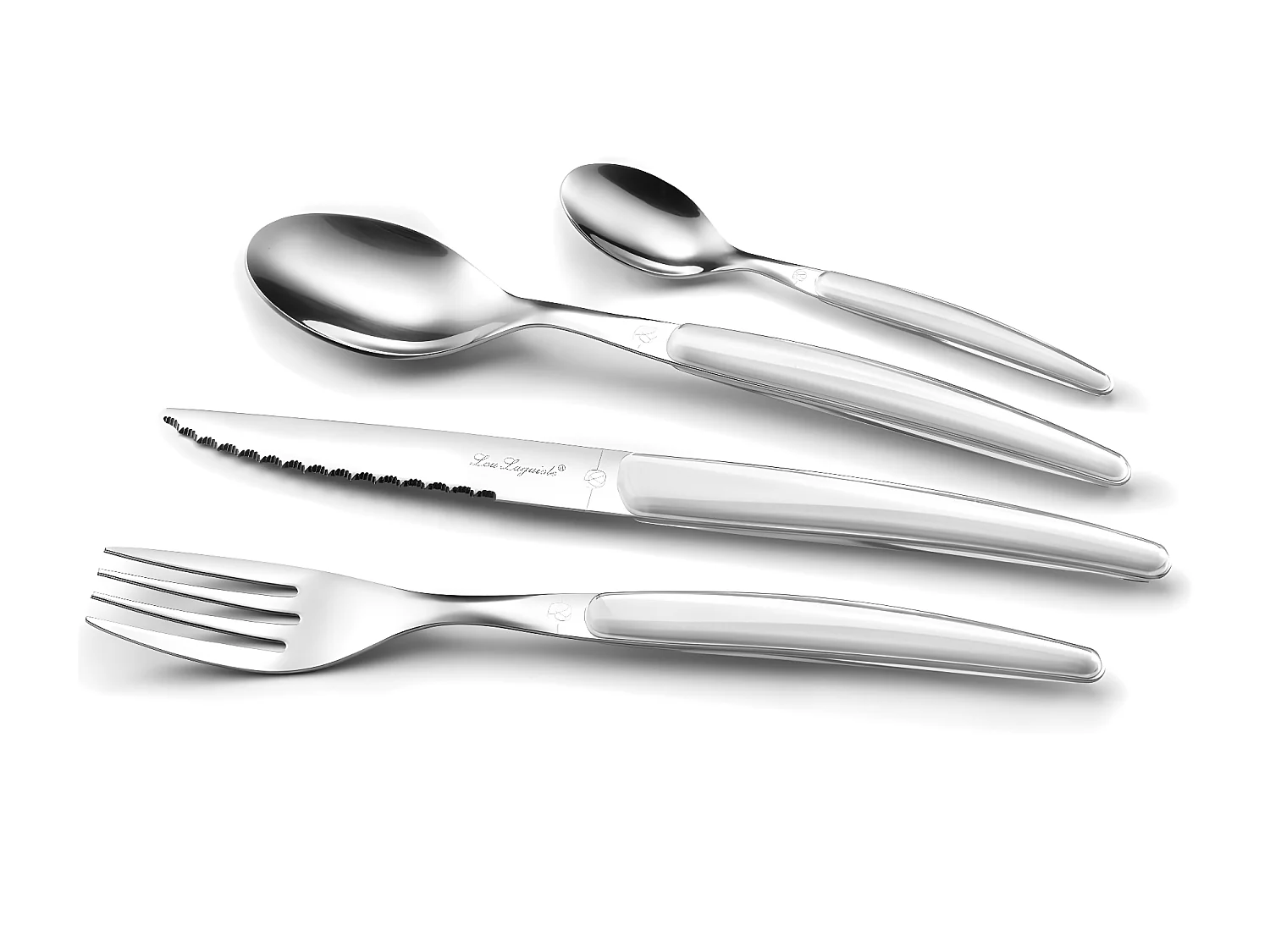 Besteck Lou Laguiole Montana Blanc 24-teilig - Weißer Kristallgriff, mikroverzahnte Edelstahlklinge, zeitgemäßes Design