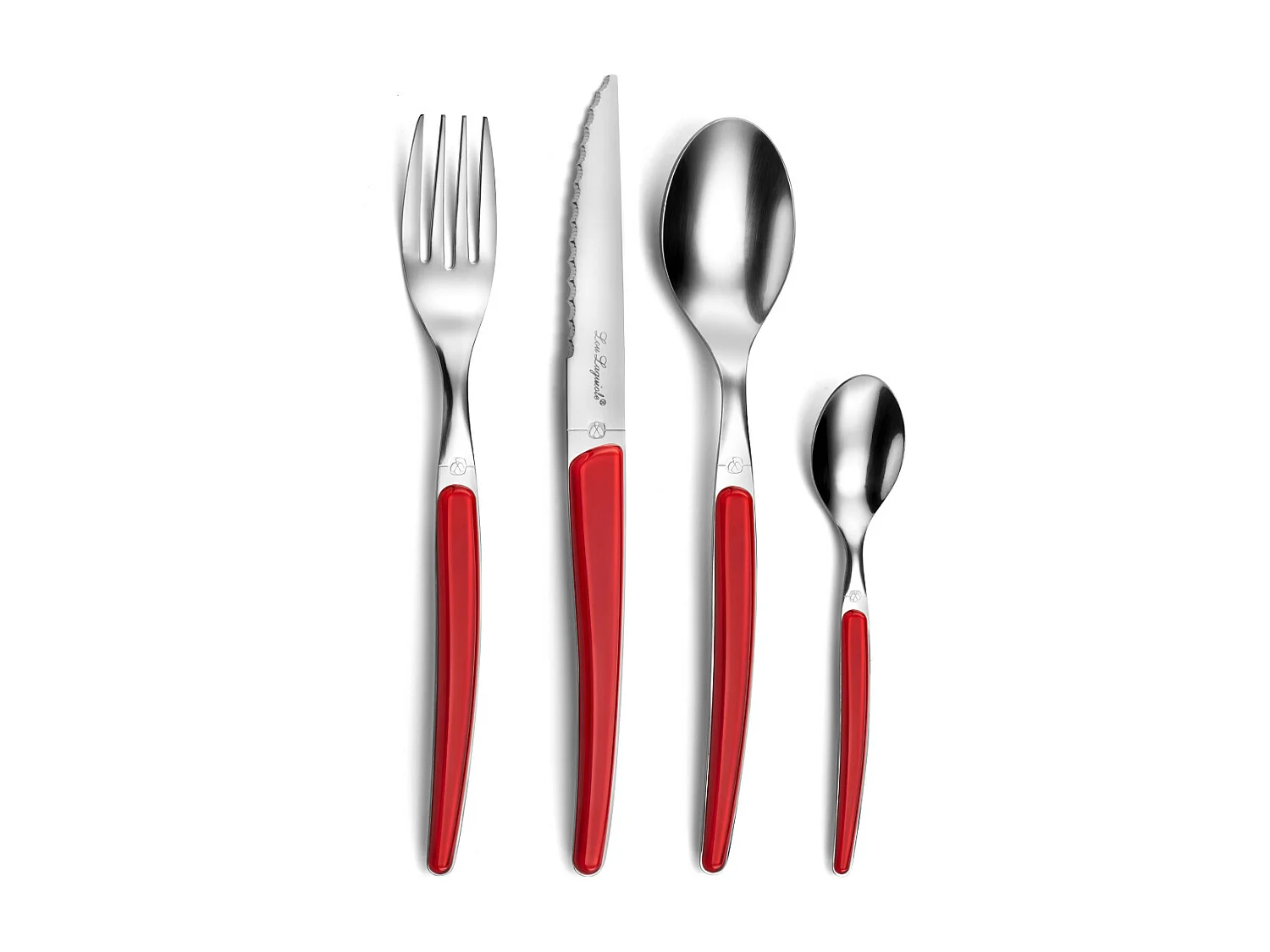 Talheres de 24 peças Lou Laguiole Montana Rouge - Cabo de cristal vermelho, lâmina de aço inoxidável microdentada, design contemporâneo
