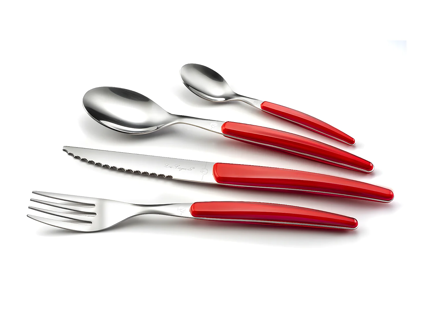Talheres de 24 peças Lou Laguiole Montana Rouge - Cabo de cristal vermelho, lâmina de aço inoxidável microdentada, design contemporâneo