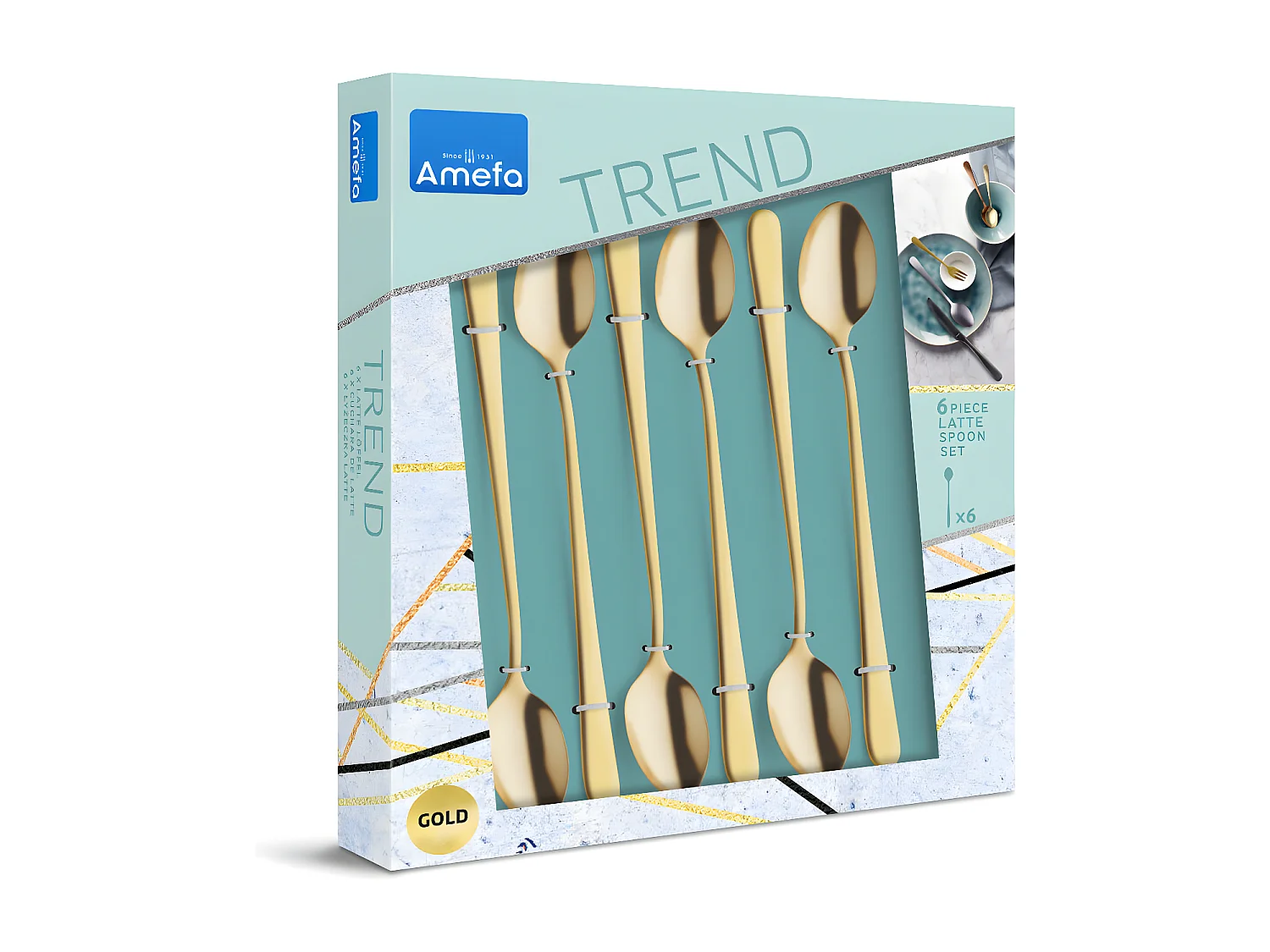 Set aus 6 Latte Macchiato Löffeln in mattem Goldton Austin aus Edelstahl mit satiniertem PVD-Finish