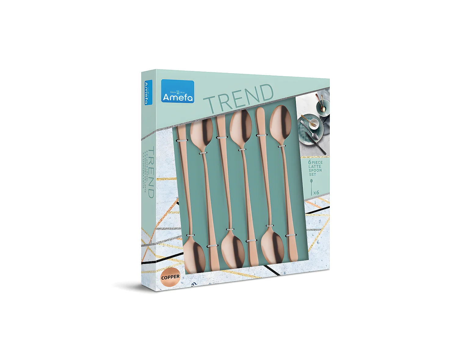Set van 6 latte macchiato lepels van roestvrij staal met mat koperen afwerking
