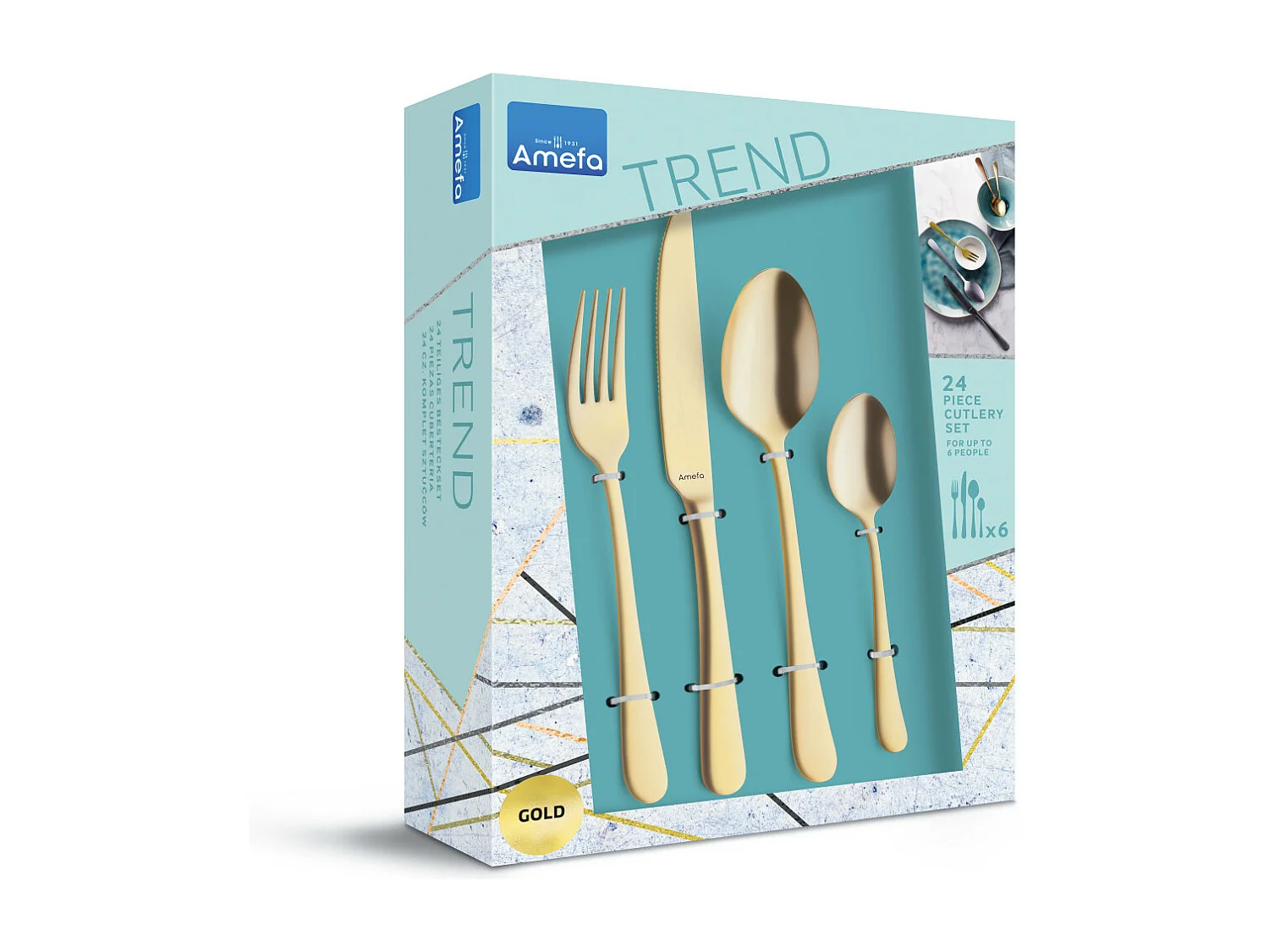 Conjunto de talheres de 24 peças Austin em aço inoxidável com acabamento acetinado PVD dourado fosco