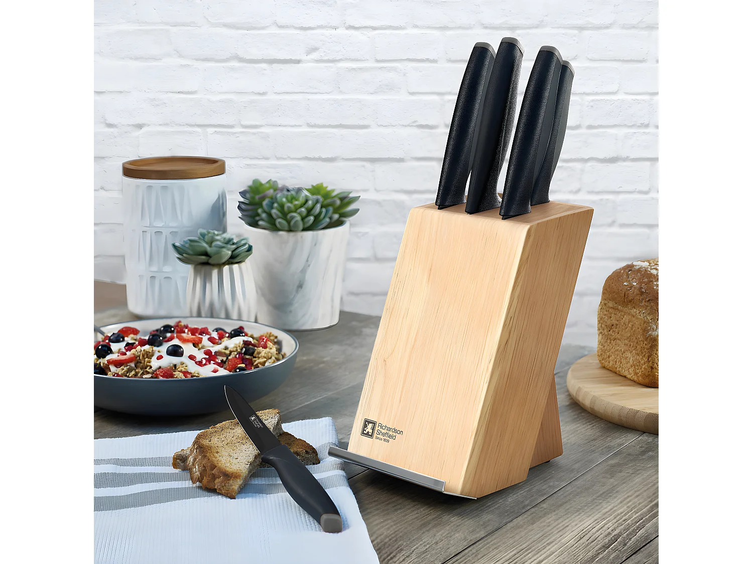 Advantage Noir - Bloc bois naturel 5 couteaux lames PVD noir avec porte tablette