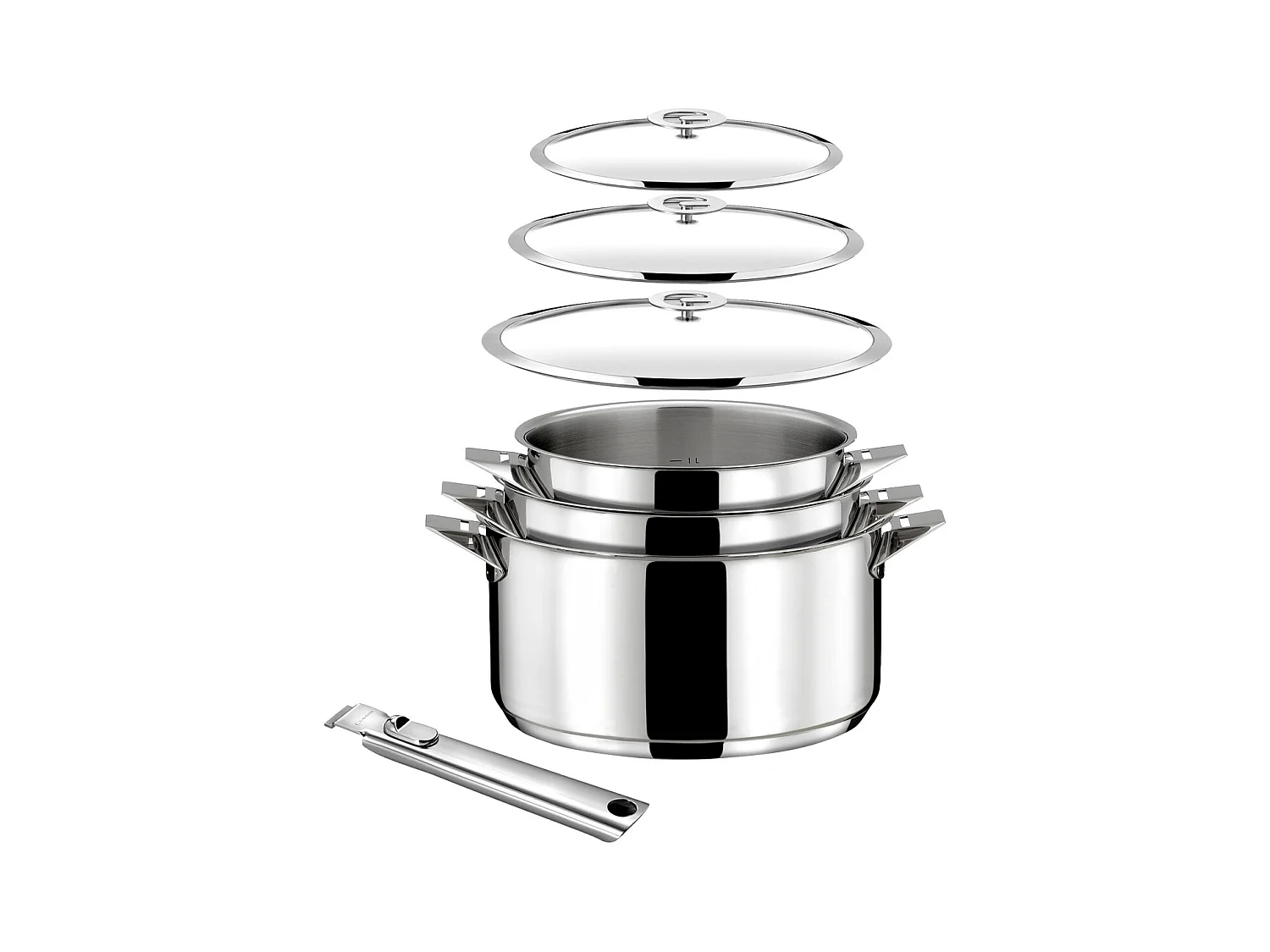 Eclipse - Lot 7 pièces - Casseroles 16, 18 et 20 cm, 3 couvercles et poignée amovible