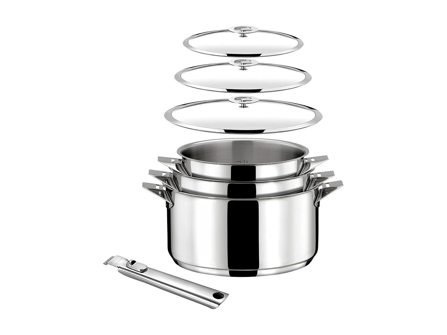 Eclipse - Lot 7 pièces - Casseroles 16, 18 et 20 cm, 3 couvercles et poignée amovible