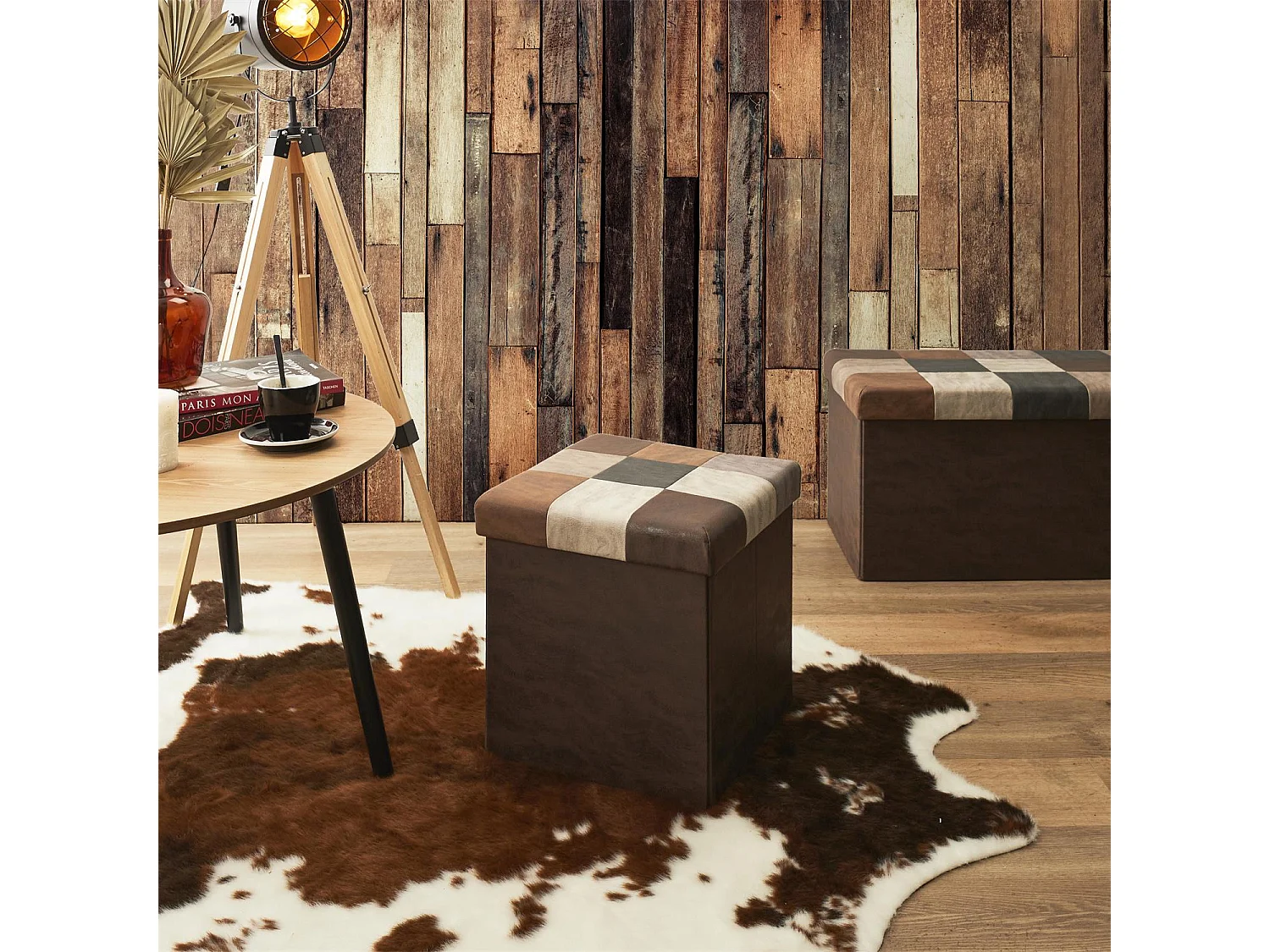 Coffre Pouf Pliable Patchwork Pu Marron