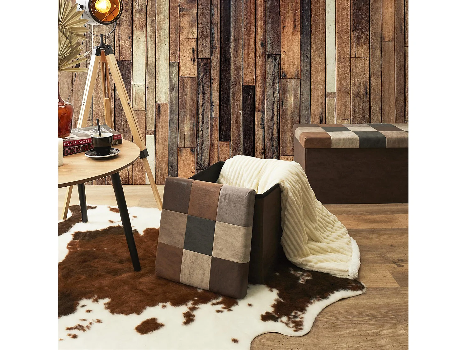 Coffre Pouf Pliable Patchwork Pu Marron