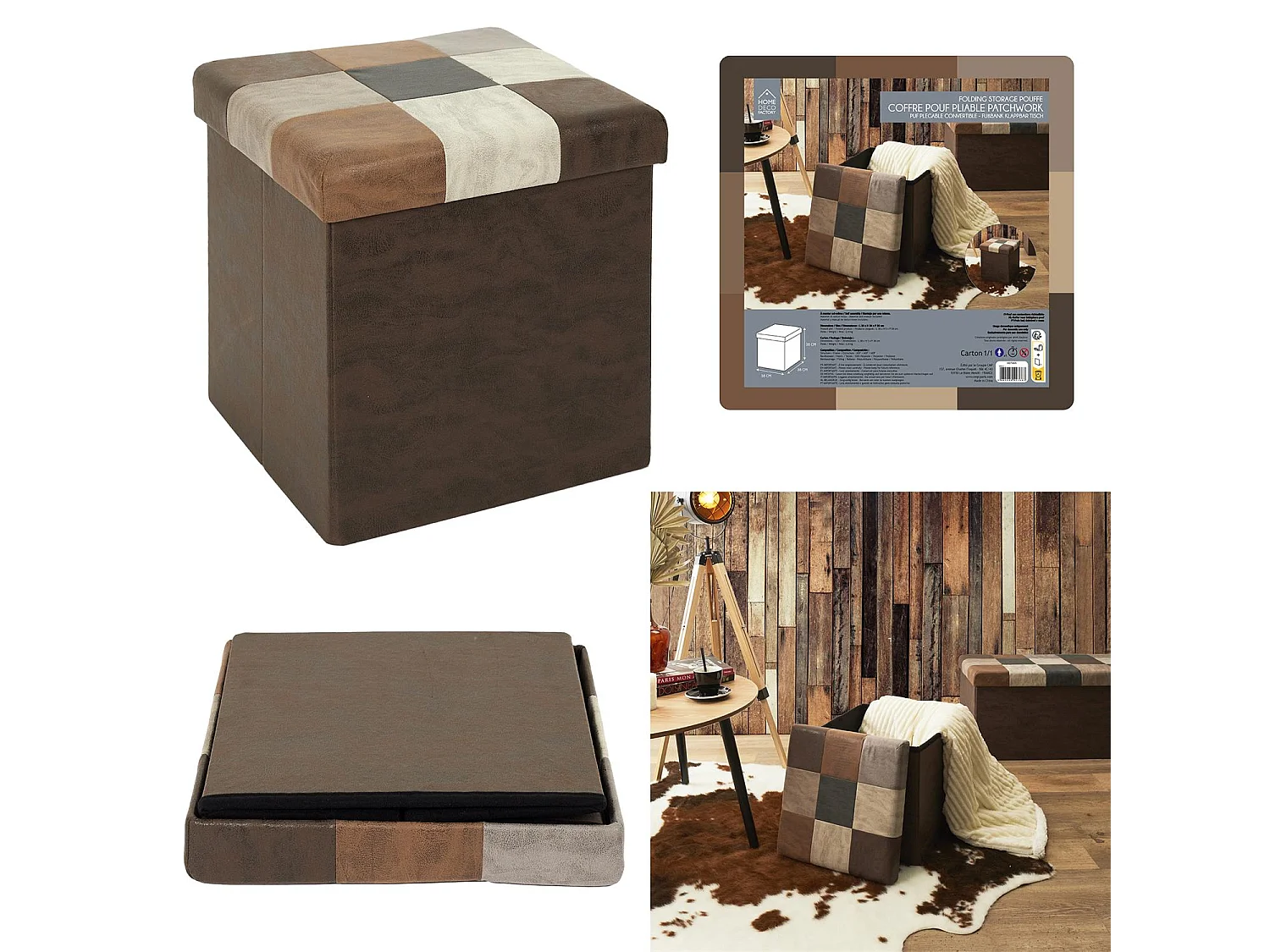 Coffre Pouf Pliable Patchwork Pu Marron