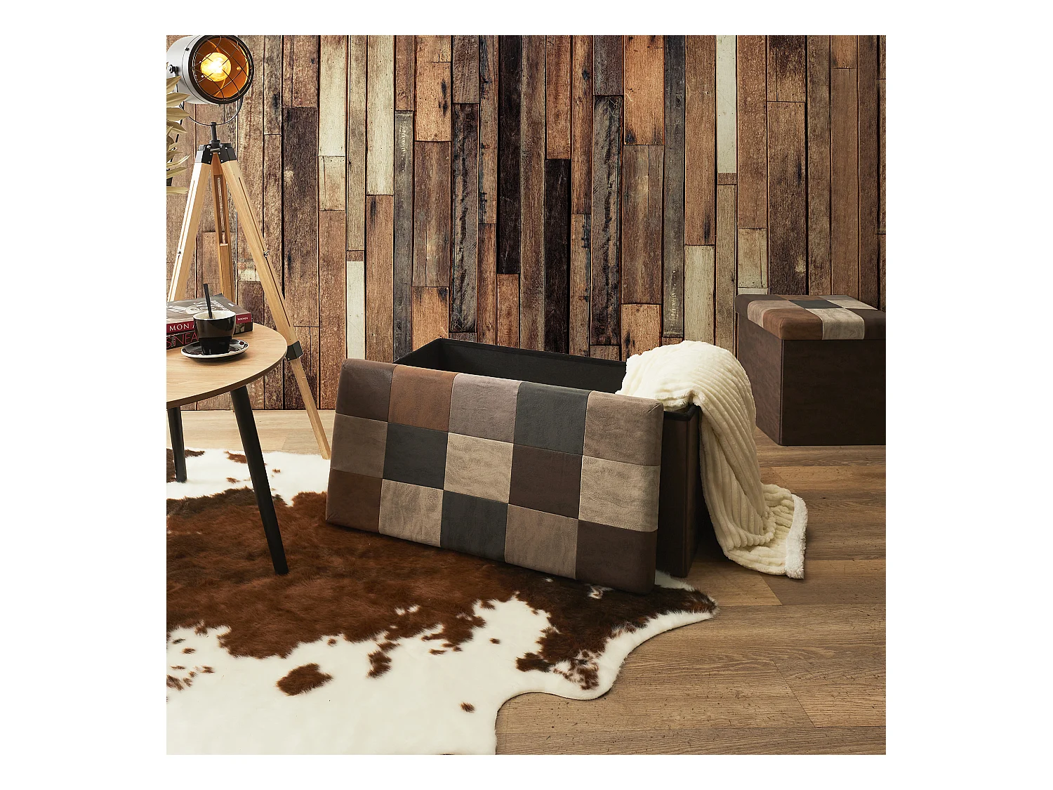 Coffre Banc Pliable Patchwork Pu Marron