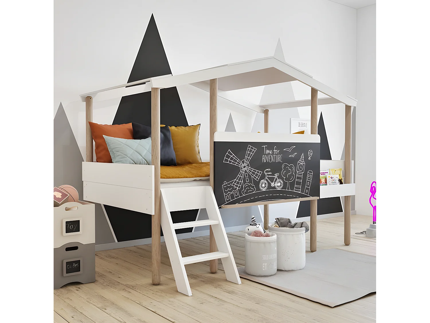 Lit cabane avec ardoise MDF blanc 90x200cm