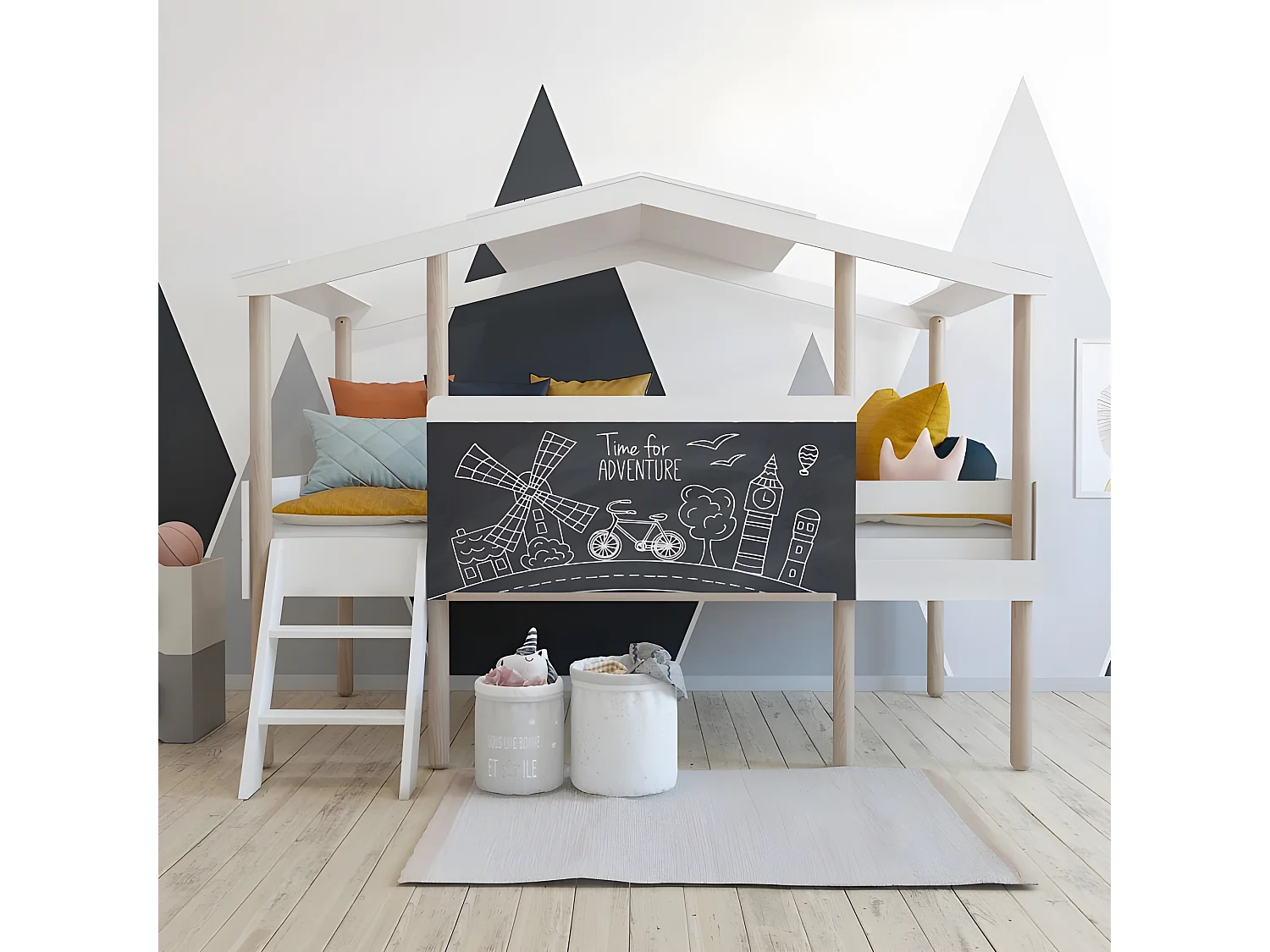 Lit cabane avec ardoise MDF blanc 90x200cm