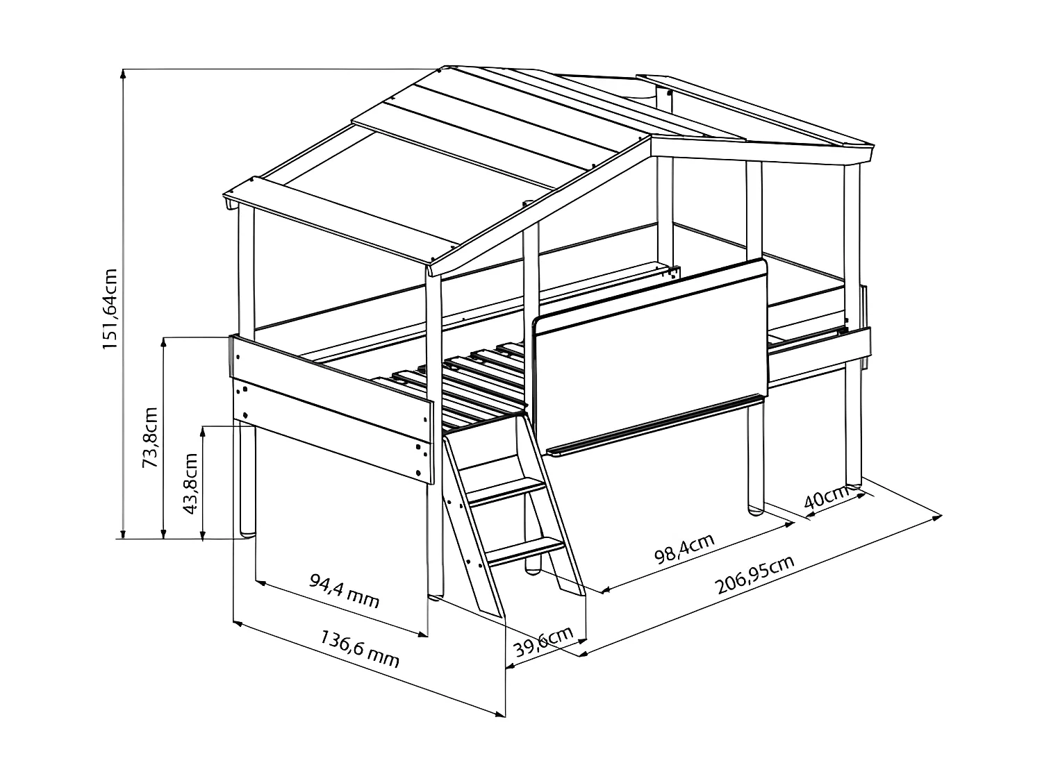 Lit cabane avec ardoise MDF blanc 90x200cm