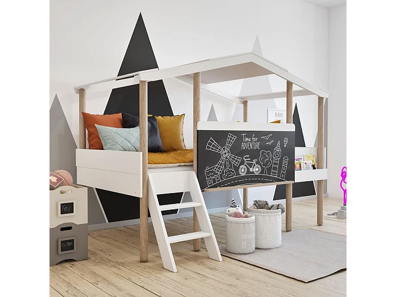 Letto casetta con lavagna MDF bianco 90x200cm
