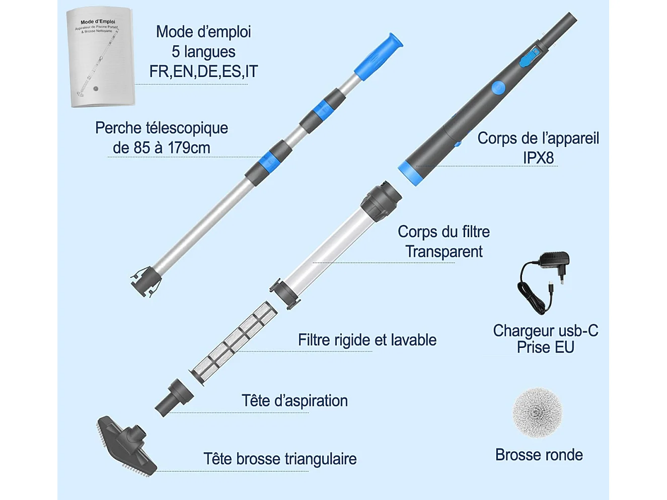 Aspirateur et brosse électrique rechargeable pour piscine et spa - 260cm - Bleu