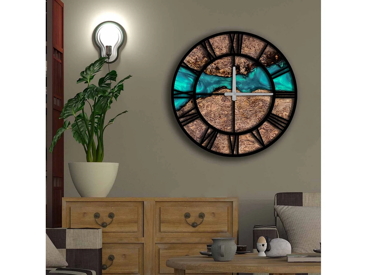 Horloge décorative MDF bleu et ocre