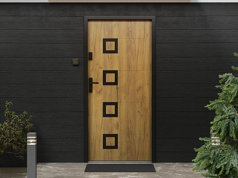 Porte d'entrée en acier avec inox H207 x L100 cm effet chêne - poussant droit - TIFANA