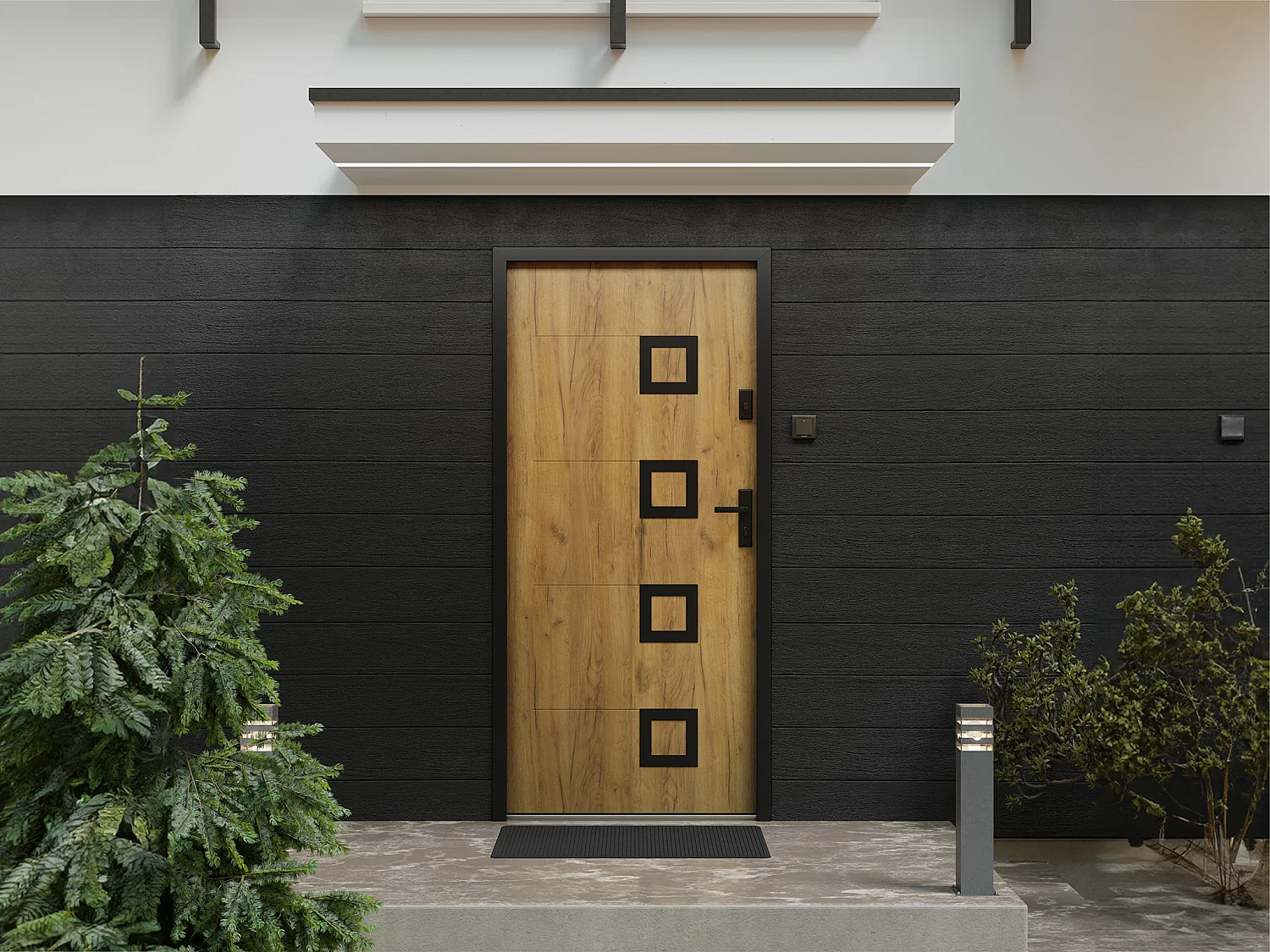 Voordeur van staal met inox L207 x L100 cm, eikeneffect - Duwt links open - TIFANA