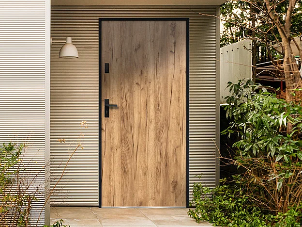 Puerta de entrada de acero macizo Alt. 207 x Ancho 100 cm efecto roble - apertura hacia la derecha - AGUEDA