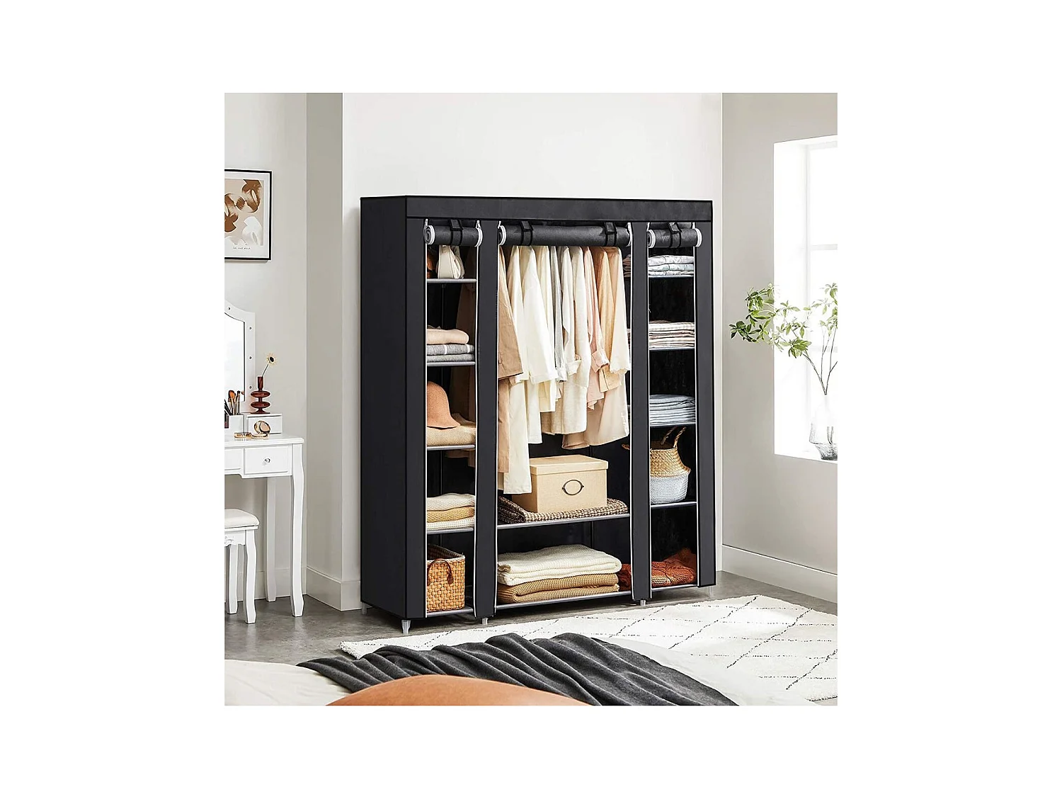 Dressing en Tissus avec Étagères 12 Niveaux et Penderie - L150 cm