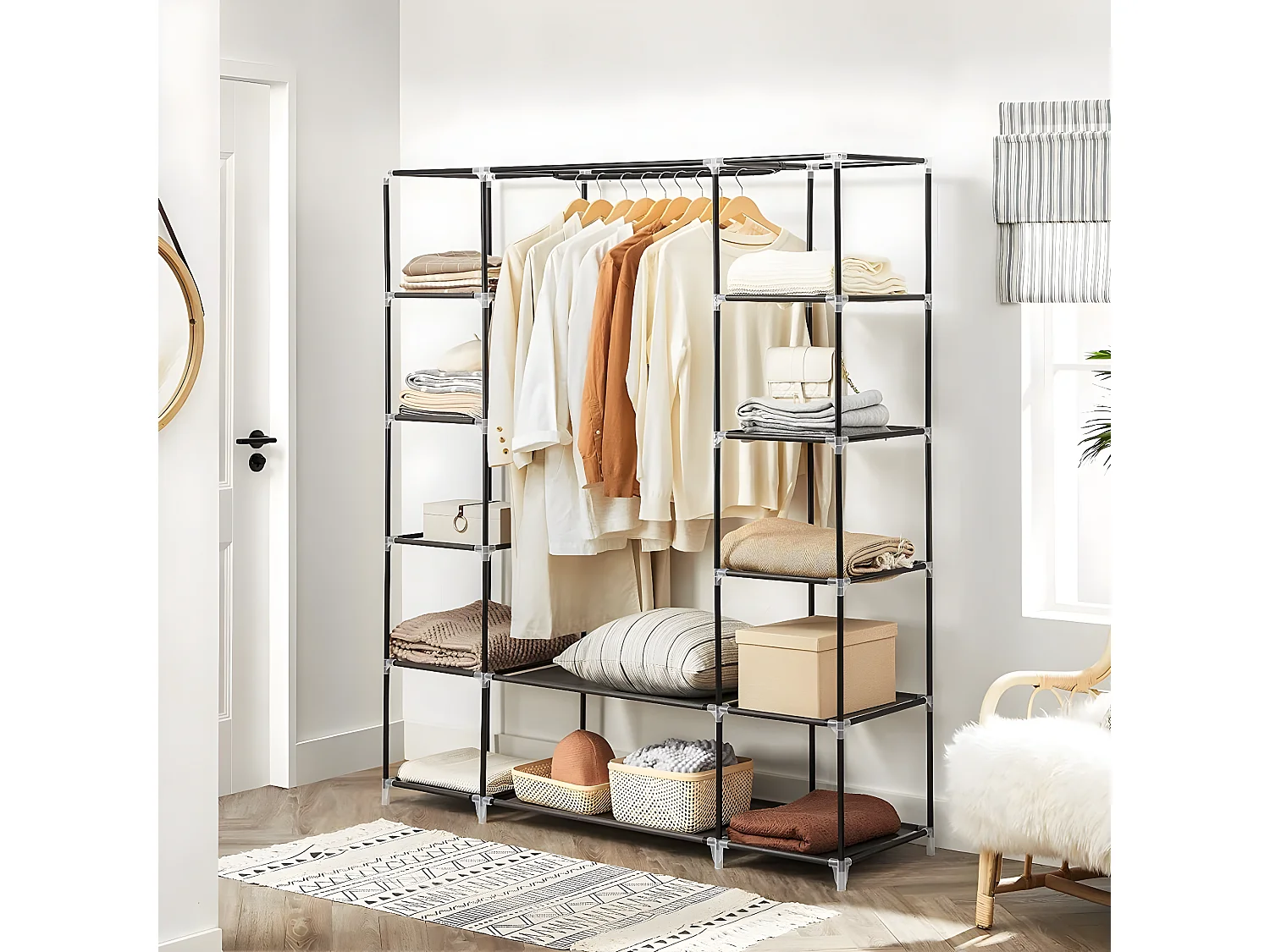 Dressing en Tissus avec Étagères 12 Niveaux et Penderie - L150 cm