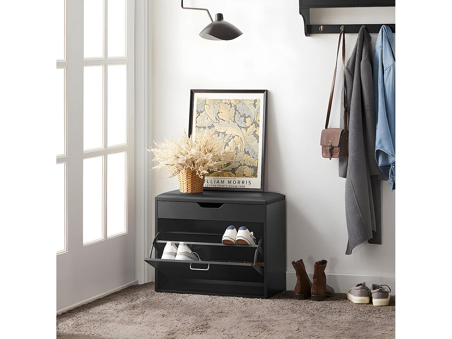 SoBuy Banc à Chaussures Meuble Chaussures Commode à Chaussures Meuble d’entrée 1 abattant avec Assise Rabattable Coussin Rembourrée – 60x30x49 cm, FSR95-SCH