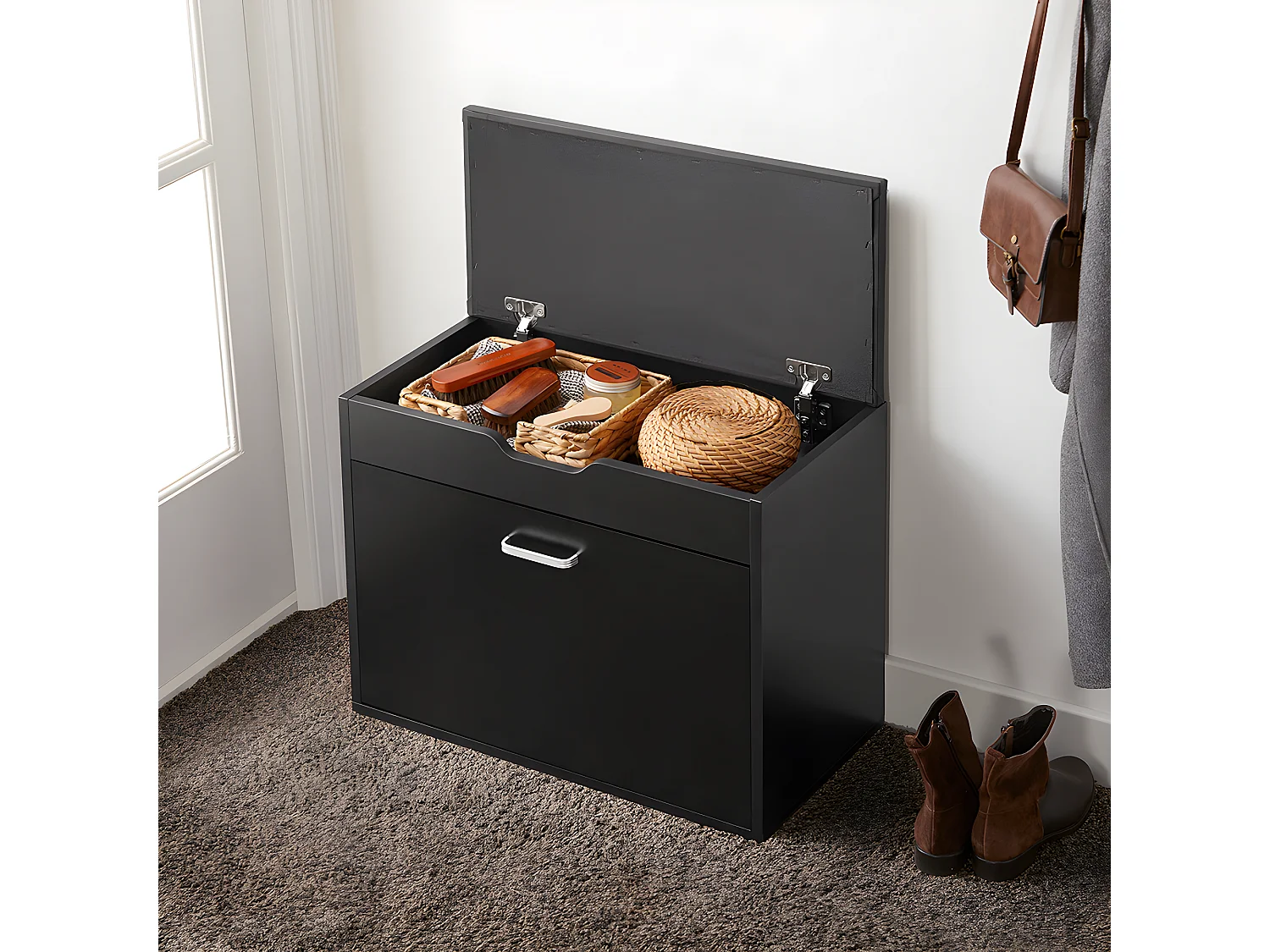 SoBuy Banc à Chaussures Meuble Chaussures Commode à Chaussures Meuble d’entrée 1 abattant avec Assise Rabattable Coussin Rembourrée – 60x30x49 cm, FSR95-SCH