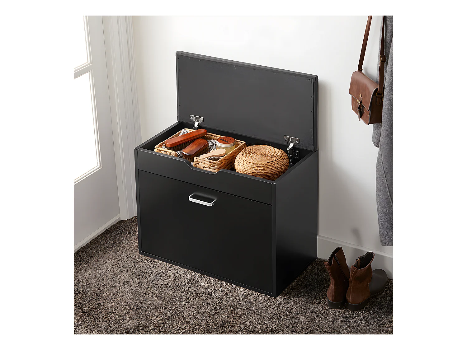 SoBuy Banc à Chaussures Meuble Chaussures Commode à Chaussures Meuble d’entrée 1 abattant avec Assise Rabattable Coussin Rembourrée – 60x30x49 cm, FSR95-SCH