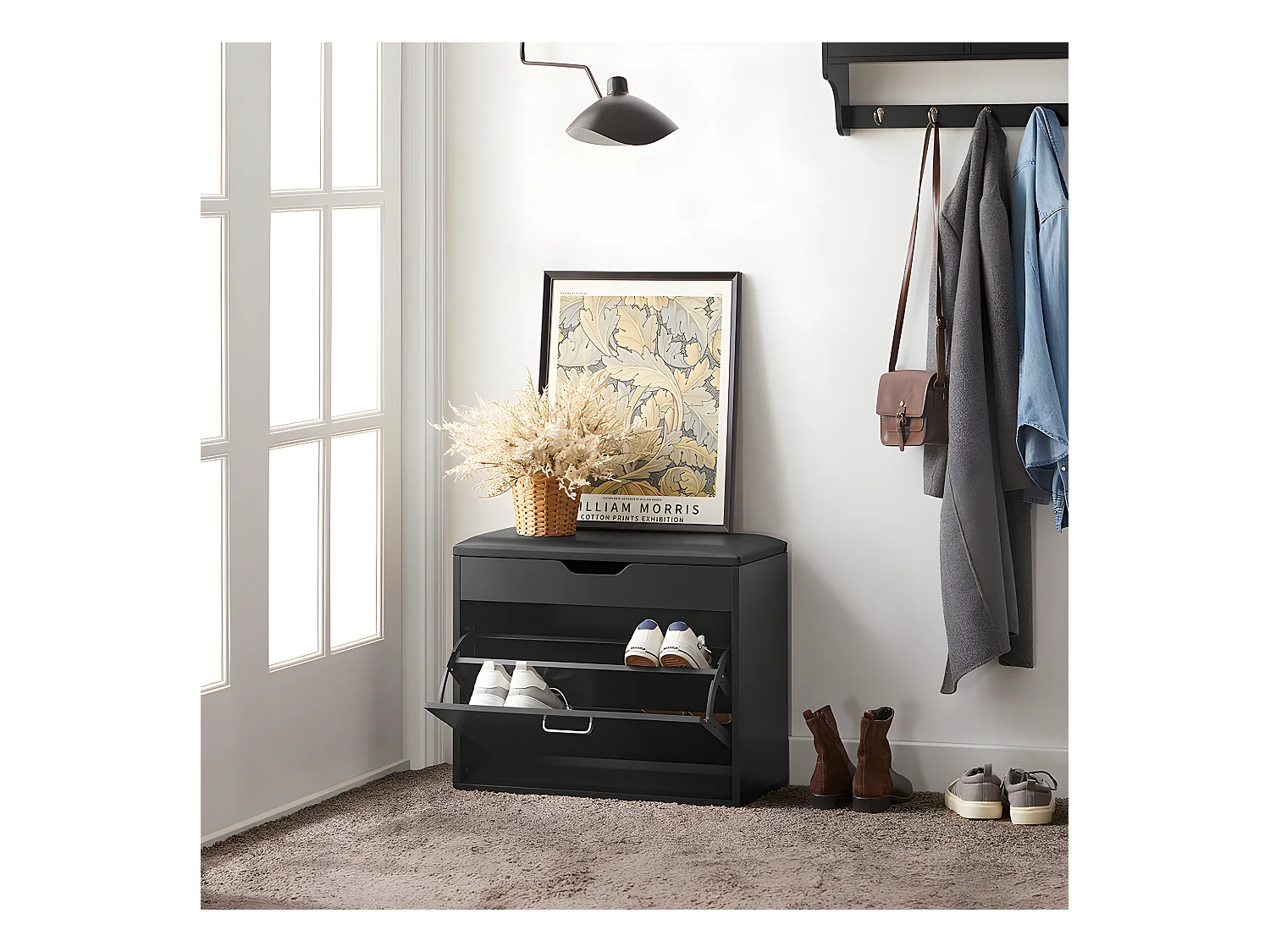 SoBuy Banc à Chaussures Meuble Chaussures Commode à Chaussures Meuble d’entrée 1 abattant avec Assise Rabattable Coussin Rembourrée – 60x30x49 cm, FSR95-SCH