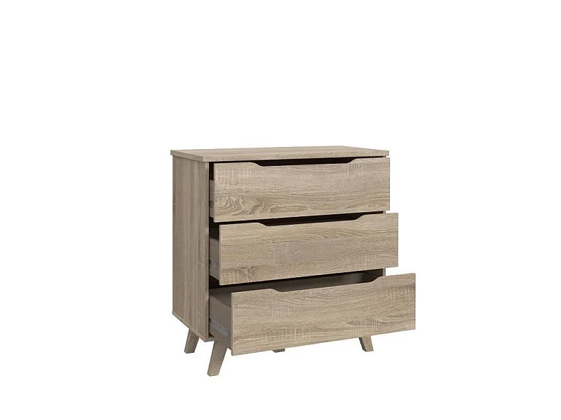Commode 3 tiroirs scandinave - Décor chene sonoma - Pieds en massif - L 80 cm - VANKKA
