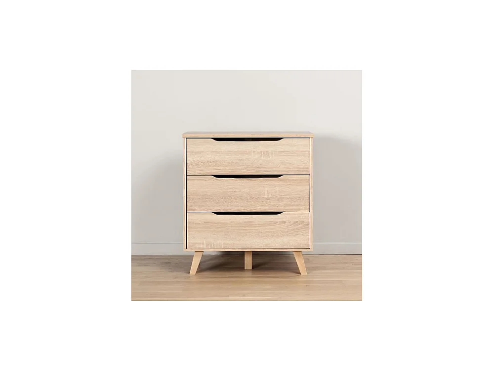 Commode 3 tiroirs scandinave - Décor chene sonoma - Pieds en massif - L 80 cm - VANKKA