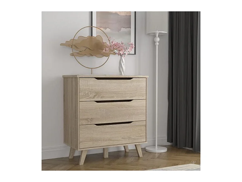 Commode 3 tiroirs scandinave - Décor chene sonoma - Pieds en massif - L 80 cm - VANKKA