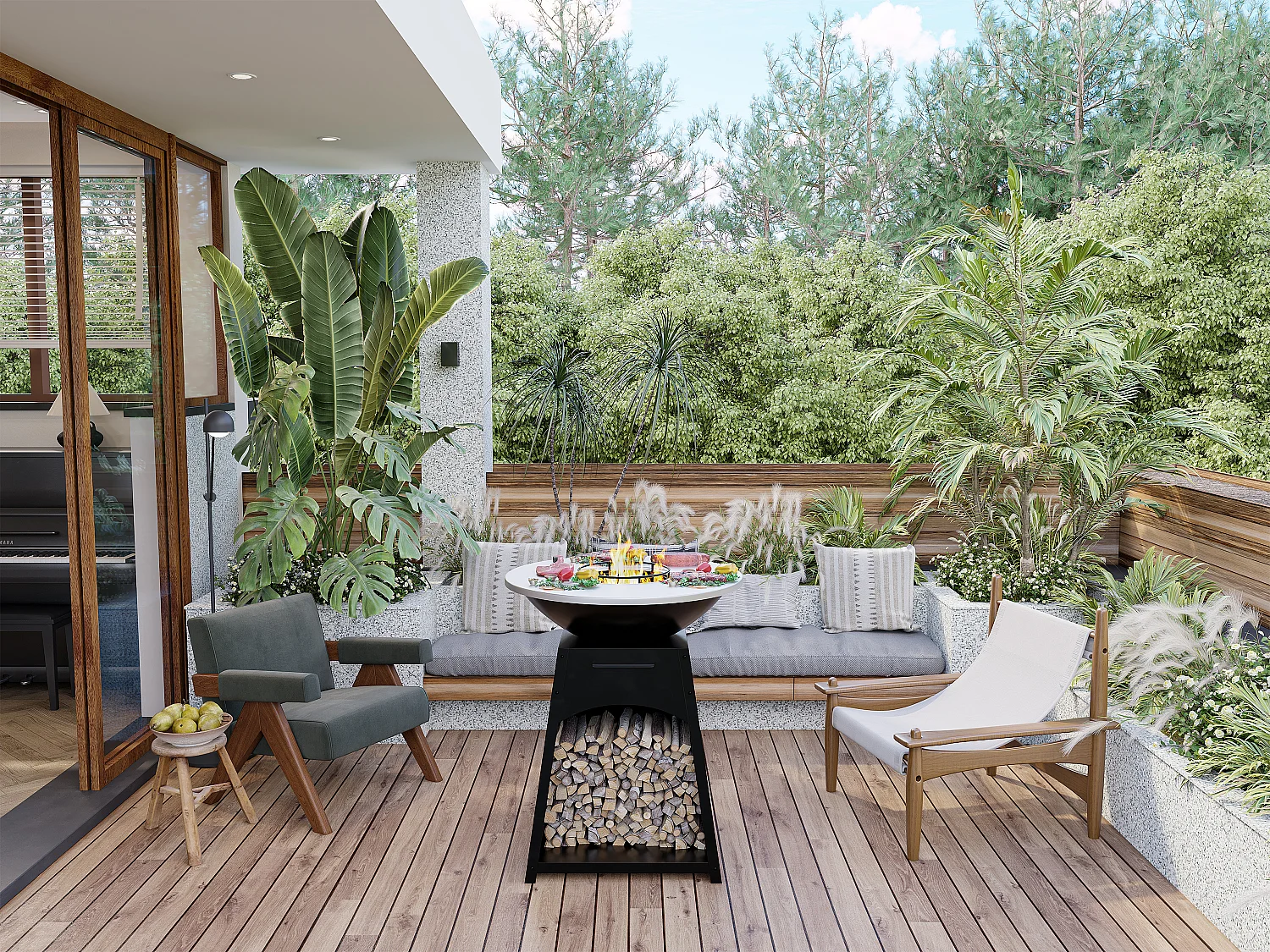 Barbecue/plancha/vuurkorf van staal - L81 x B81 x D96 cm - Zwart - CORVERA