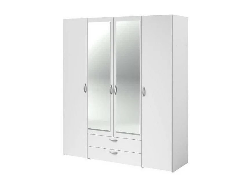 Armoire VARIA - Décor blanc - 4 portes battantes + 2 miroirs + 2 tiroirs - L 160 x H 185 x P 51 cm - PARISOT