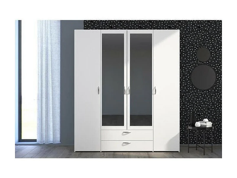 Armoire VARIA - Décor blanc - 4 portes battantes + 2 miroirs + 2 tiroirs - L 160 x H 185 x P 51 cm - PARISOT
