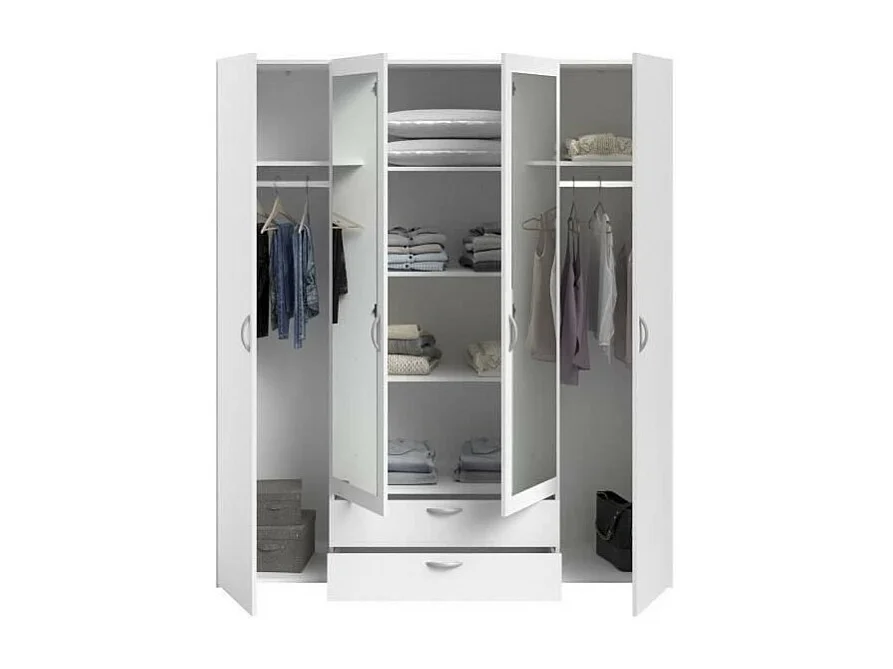 Armoire VARIA - Décor blanc - 4 portes battantes + 2 miroirs + 2 tiroirs - L 160 x H 185 x P 51 cm - PARISOT