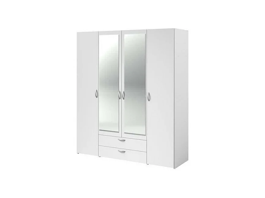Armoire VARIA - Décor blanc - 4 portes battantes + 2 miroirs + 2 tiroirs - L 160 x H 185 x P 51 cm - PARISOT