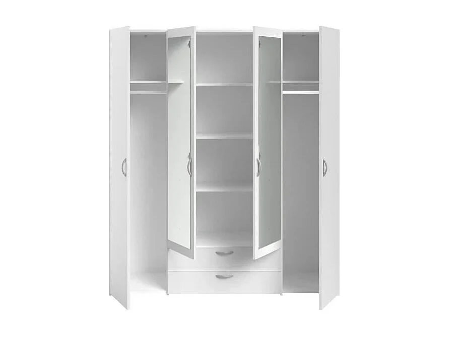 Armoire VARIA - Décor blanc - 4 portes battantes + 2 miroirs + 2 tiroirs - L 160 x H 185 x P 51 cm - PARISOT