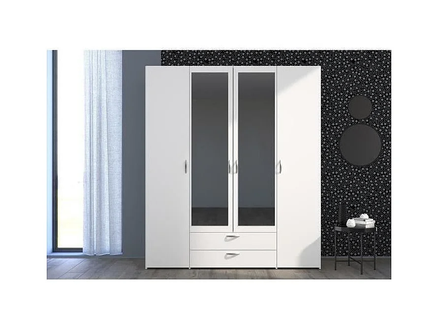 Armoire VARIA - Décor blanc - 4 portes battantes + 2 miroirs + 2 tiroirs - L 160 x H 185 x P 51 cm - PARISOT