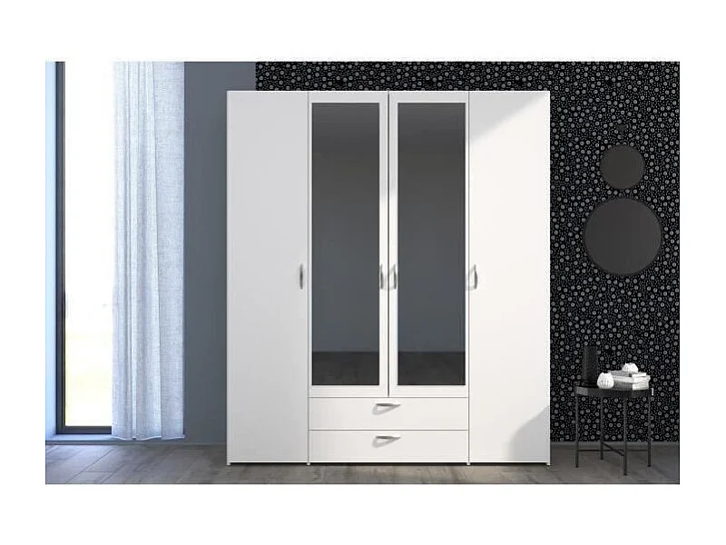 Armoire VARIA - Décor blanc - 4 portes battantes + 2 miroirs + 2 tiroirs - L 160 x H 185 x P 51 cm - PARISOT