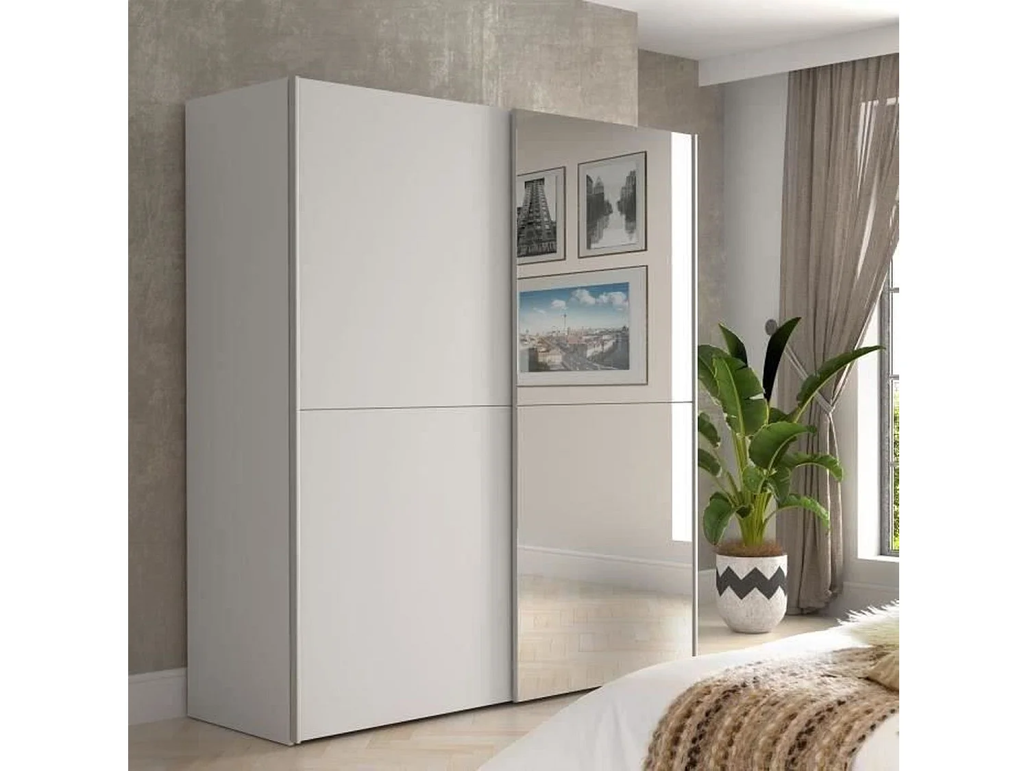 ULOS Armoire 2 portes coulissantes + miroir - Blanc mat - L 170,3 x P 61,2 x H 190,5 cm